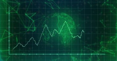 Sanal analitik gösterge panelinde titreşen neon yeşil çizgi grafiğini kablo küresi ile gösteriyoruz. Teknoloji, veri, görselleştirme, yenilik, dijital, fütürist, arayüz