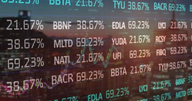 Dijital paneller ve grafiklerle ufuk çizgisini kaplayan hisse senetleri ve yüzdeleri gösteriliyor. Kentsel, siluet, teknoloji, finans, analitik, dijital, modern