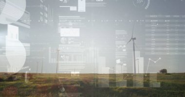 Rüzgâr türbininin düz zeminin altında bar çizelgeleri ve kılavuz çizgileri ile yükseldiğini gösteriyor. Kopyalama alanı. Yenilenebilir, sürdürülebilirlik, teknoloji, enerji, bilgi, dijital, çevre dostu