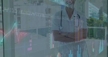 Steteskop, veri panelleri ve kopyalama alanlarıyla hastanede kollarını kavuşturan kadın bir sağlık görevlisi. Tıbbi, teknoloji, sağlık, veri görselleştirme, modern, profesyonel, klinik