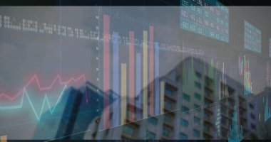 Şehrin ön cephesinde çizgi grafikleri ve hisse senedi verileriyle yarı saydam bar şeması oluşturuluyor. Finans, kentsel, teknoloji, yatırım, analitik, modern, dijital