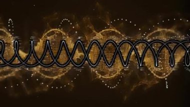 Sinüs dalgası, ortaya çıkan altın parçacıkları süpürüyor ve ağı görselleştiriyor. Soyut, dijital sanat, fütürist, bilimsel, parıldayan, geometrik, dinamik