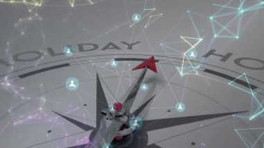 Pusula gül titreşimli düğümleri zayıflıyor, kırmızı işaret saat yönünde dönüyor Holiday metnini vurgulamak için. Navigasyon, bağlantı, teknoloji, yenilik, dijital, fütüristik, keşif