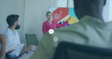 Sunucu, bilgiyi sohbet baloncukları şeklinde göstererek şirket toplantısını başlatıyor. İşbirliği, takım çalışması, iletişim, yenilik, şirket, modern, profesyonel