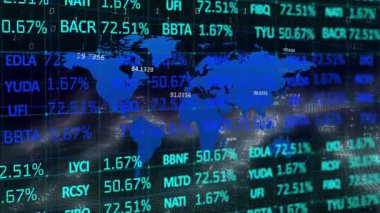 Piyasa eğilimi görünümü için değişen kalp atış oranlarına tepki veren parlak mavi dijital dünya haritası. Veri görselleştirme, finansal, teknoloji, soyut, dijital, geleceksel, analitik