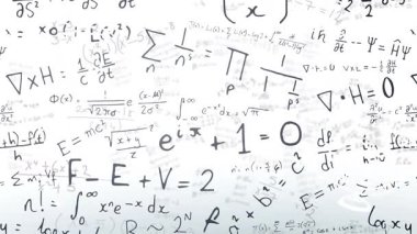 Çerçeveyi dolduran statik matematiksel formülleri sunan beyaz tuval, matematik kavramlarını görselleştiriyor. Analitik, eğitim, cebir, teorik, soyut, akademik, entelektüel