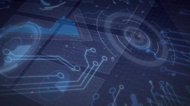 Başlangıçta yarı saydam şebeke panelleri döner HUD görselleştirme koduna doğru devre izleri yayar. Fütürist, dijital, teknoloji, arayüz, sürükleyici, neon, soyut