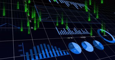 Sahne açma çubuğu ve turta grafikleri, akış kodları, çizgi grafiği gösteren kamera panelleri. Analizler, dijital, fütüristik, sürükleyici, teknoloji, ilerleme, veri bilimi