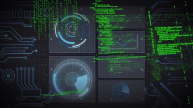 Şebeke üzerinden geçen yeşil kod dairesel taramaları başlatıyor ve paneller veri çizelgelerini gösterirken dönüyor. Fütürist, sibernetik, teknoloji, arayüz, veri görselleştirme, dijital, analitik