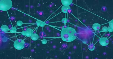 Cyan küre kümesi ortaya çıkıyor ve mor simgeleri birbirine bağlıyor. Döndürüyor ve sağlık verilerini gösteriyor. Dijital, geleceksel, teknoloji, yenilik, veri, bağlantı, siber