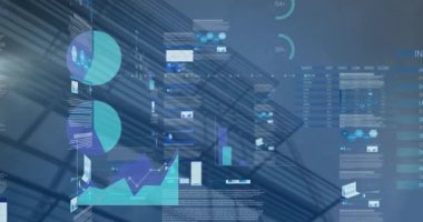Animation of statistical data processing against low angle view of tall building. Business data technology concept