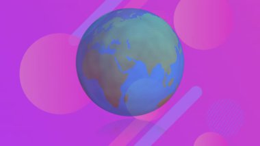 Mor arkaplanda, üzerinde fotokopi alanı olan soyut şekiller üzerinde dönen küre ve pembe noktaların animasyonu. Teknoloji arka plan kavramı