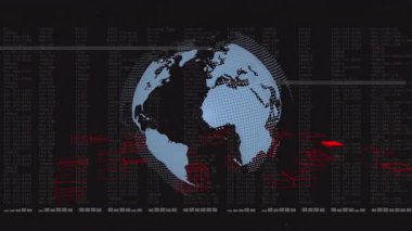 Kırmızı çizgilerle dönen ve gerçek zamanlı izleme için beyaz verileri kaydıran karanlık ekran küresi üzerinde. Teknoloji, veri görselleştirme, dijital arayüz, fütüristik, analitik, bilgi, siber güvenlik