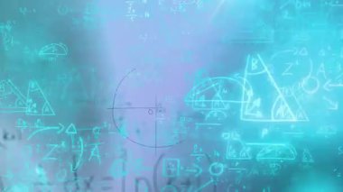 Turkuaz parlaklığı üçgenler başlatırken, birim çember matematiksel ifadeleri süpürürken kavisler oluşuyor. Soyut, geometrik, dijital, aydınlık, fütürist, yenilikçi, bilimsel