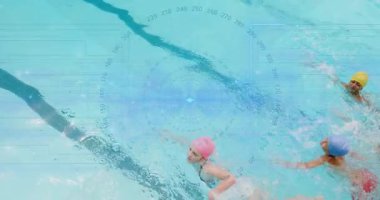 Üç çocuk duvarı itiyor ve havuzda yüzmeye başlıyor. Animasyon istatistikleri havuzu kaplıyor. Gençlik, su, hareket, takım çalışması, egzersiz, sağlıklı, canlı