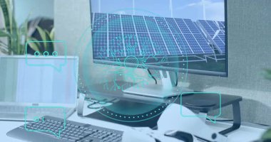 Başlangıçta AI örtüsü monitör sohbet baloncuklarında görünür ve mesaj akışını gösterir. Teknoloji, yenilik, fütüristik, dijital, iletişim, çalışma alanı, modern