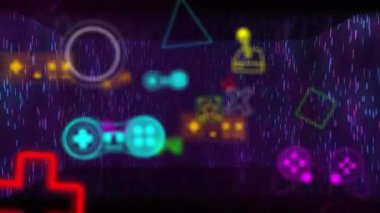 Siyah arkaplanda dijital yağmur üzerine neon oyun simgelerinin canlandırılması. Metaverse, model ve oyun konsepti dijital olarak oluşturulmuş video.