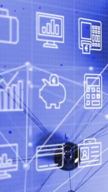 Finansal veri işleme ve para biriminin bağlantılara göre animasyonu. Küresel finans, iş, bağlantılar, hesaplama ve veri işleme kavramı dijital olarak oluşturulmuş video.