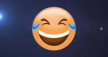 Açılış gözyaşı dolu gülen emojinin merkezde kalmasına ve düz tasarım odaklanma için durağan kalmasına neden oluyor. Dijital sanat, duygusal grafikler, minimalist tarz, anlamlı ikonografi, duygusal iletişim, canlı palet, çizimli tasarım.