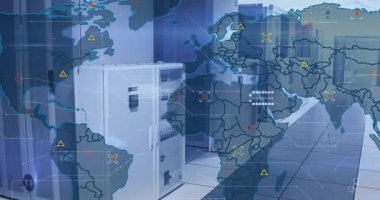 Açılan koridor başlangıç haritası rafların üzerinde kayboluyor, simgeler patlıyor ve veri akışını takip eden çizgiler oluşuyor. Teknoloji, ağ, veri, altyapı, dijital, modern, bağlantı