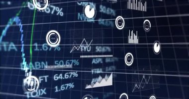 Amerikan dolarları borsa verilerinin kara fon üzerinden işlenmesinin animasyonu. Küresel iş dijital arayüzü teknolojisi ve dijital olarak oluşturulan ağ konsepti.