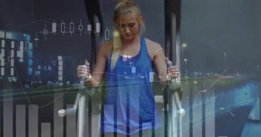 Finansal tablolar havada süzülürken, tutunacak yer arayan ve ayaklarını yere basan bir kadın. Atletik, kararlılık, ilerleme, odaklanma, güç, zindelik, eğitim