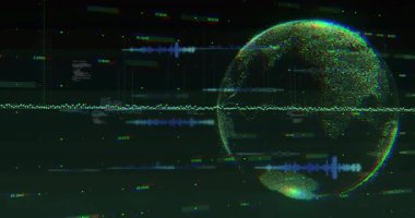 Karanlık sahne veri hattını oluşturmaya başlıyor. Küre oluşumu, titreşen dalga formları, canlı izleme için kod kaydırma. Teknoloji, veri görselleştirme, 3D görüntüleme, dijital arayüz, gelecekçi, ağ, analitik