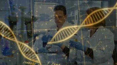 Laboratuvar araştırmacıları biyoteknoloji analizi için DNA sarmalı gördükten sonra numune topluyorlar. Bilim, işbirliği, yenilik, kesinlik, fütüristik, profesyonel, analitik