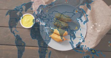 Başlangıçta, yarı saydam dünya haritası gri-mavi plaka üzerinde kayboluyor, mısırlı sosislerle birlikte, küresel veriyi görselleştiriyor. Coğrafya, teknoloji, veri, bağlantı, analitik, arayüz, dijital