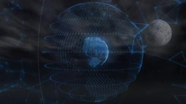 Mavi ağ oluşumu küreyi başlatıyor. Ağ kabuğunu somutlaştıran halkalarla dönüyor. Teknoloji, siber uzay, fütüristik, bağlantı, dijital, yenilik,