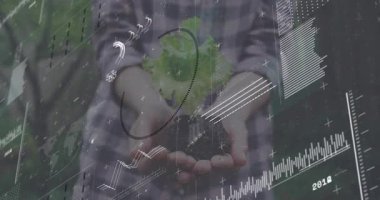 Ormanda fideleri tutan bir kadın canlandırılmış verileri canlandırarak büyüme ölçüsünü görselleştiriyor. Sürdürülebilirlik, ekoloji, yenilik, veri görselleştirme, çevre teknolojisi, büyüme, doğa