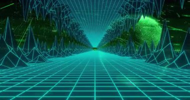 Veri küresi sağ duvardan çıkıyor. Parçalanıyor. Araç kablo tünelinde geri çekiliyor. Siber uzay, dijital, fütüristik, teknoloji, veri, görselleştirme, soyut
