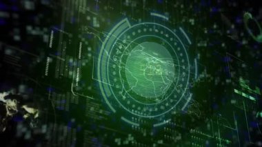 Açılış dizisi holografik küreyi ortaya çıkarıyor verileri döndürüyor ve tarıyor ve akışı görselleştiriyor. Teknoloji, görselleştirme, dijital, geleceksel, arayüz, veri, animasyon