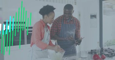 Cooking couple mixing batter at countertop generating rising audio bars synced with whisking. Domestic, collaboration, modern, culinary, innovation, intimate, creative