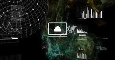 Wireframe sphere emerging and transforming cloud icon into sliding charts and complex data view. Futuristic, digital, abstract, analytics, visualization, technology, dynamic