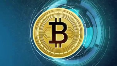 Particles converging forming Bitcoin coin in rotating ring with binary streaming pivoting-shrinking. Cryptocurrency, digital, futuristic, innovation, blockchain, technology, network