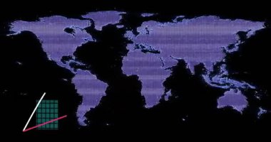 Purple grid world map starting rotating magenta white lines rising bars representing global trends. Technology, analytics, data, digital, innovation, visualization, business