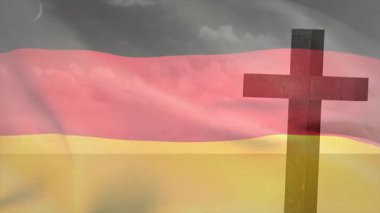 Bulutlar sürüklenirken Alman üç renkli bayrağını kaldıran esinti ciddiyet yaratır. Vatanseverlik, sembolizm, dinginlik, ruhanilik, alacakaranlık, bulutlar, minimalist