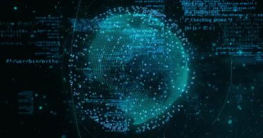 Arayüz yüklenirken, turkuaz küre veriyi görselleştirmek için kaydırma kodunun ortasında dönüyor. Teknoloji, siber uzay, dijital, yenilik, ağ, iletişim, fütürizm