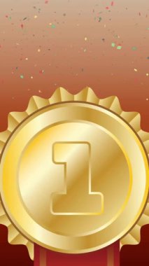 Kırmızı arka planda altın madalya üzerine konfeti animasyonu. Kazanma, ödül ve kutlama konsepti dijital olarak oluşturulmuş video.