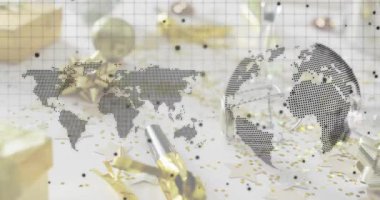 Dönen nokta haritası ve dünya konfeti sürüklemeye başlıyor küresel tost için dolup taşan flütler ortaya çıkıyor. Kutlama, lüks, şenlik, zarafet, uluslararası, soyut, sofistike