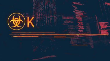 Biyolojik tehlike simgesi kod UI 'nin üzerine kayıyor, çubuk büyüyor, metin düzeltmesi acil eylem uyarısına dönüşüyor. Tehlike, siber güvenlik, dijital, uyarı, uyarı, fütüristik, arayüz