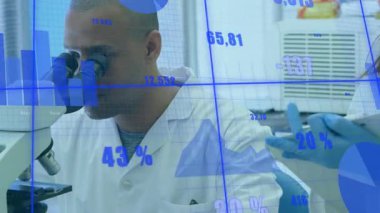 Laboratuar araştırmacısı mikroskoba bakıyor ve akran kaydırma tabletini analiz için güncelliyor. Bilim, laboratuvar, araştırma, veri görselleştirme, işbirliği, yenilik, teknoloji