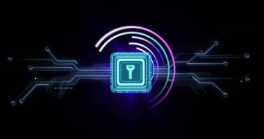 Karanlık zemin parlamaya başlıyor. Parlayan anahtar ortaya çıkıyor. Dönen neon yaylar. Siber güvenlik, dijital, fütüristik, teknoloji, koruma, yenilik, devre