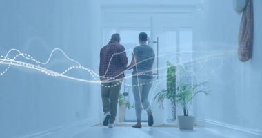 Birbirine bağlı kolları birleştiren çift, cam kapının yanında uzanan dalgaboylu basamakları gözlemliyor. Ortaklık, senkronizasyon, bağlantı, modernlik, refah, uyum, dijital