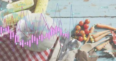 Sol altta görünen şamdan çubukları, pazar eğilimlerini gösteren veri satırlarını örtüyor. Sebzeler, köy, hasat, çiftlik, mutfak, doğal, canlı