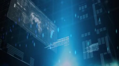 Mavi işaret fişeği, ortaya çıkan holografik paneli başlatıyor. Dünya haritasını gösteren sıralı paneller. Futuristik, dijital, teknoloji, veri, arayüz, yenilik, yüksek teknoloji