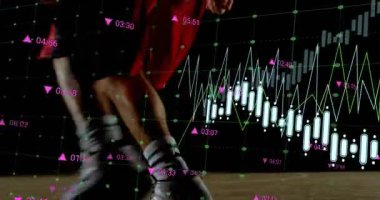 Sporcu top sektirme hareketleriyle salya akıtıyor ve smaç basıyor finans tablolarını başlatıyor istatistikleri görselleştiriyor. Spor, atletizm, hareket, dijital, teknoloji, rekabet, performans