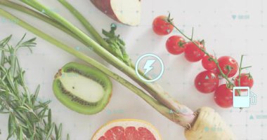 Domateslerin üzerine düşen yıldırımlar kivi üzerinde kayıyor, enerji yakıt sağlığını taşıyan ikonlar yüzüyor. Organik, canlı, taze, besleyici, işlevsel, modern, minimalist