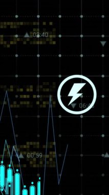 Siyah arkaplan üzerinde çoklu dijital simgelerin animasyonu. Bilgisayar arayüzü ve iş teknolojisi kavramı